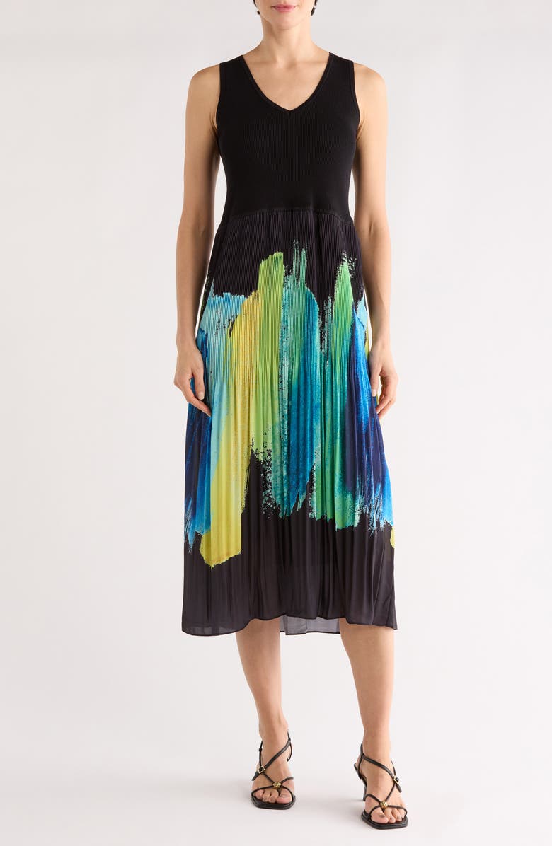 T Tahari V-Neck Sleeveless Mixed Media Dress, Main, color, Black Summer Brush