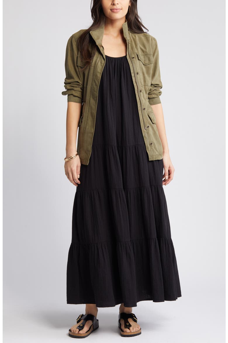 Ruffle Tiered Cotton Maxi Sundress, Main, color, BLACK