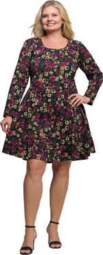 24seven Comfort Apparel Floral Print Long Sleeve Fit and Flare Mini Dress