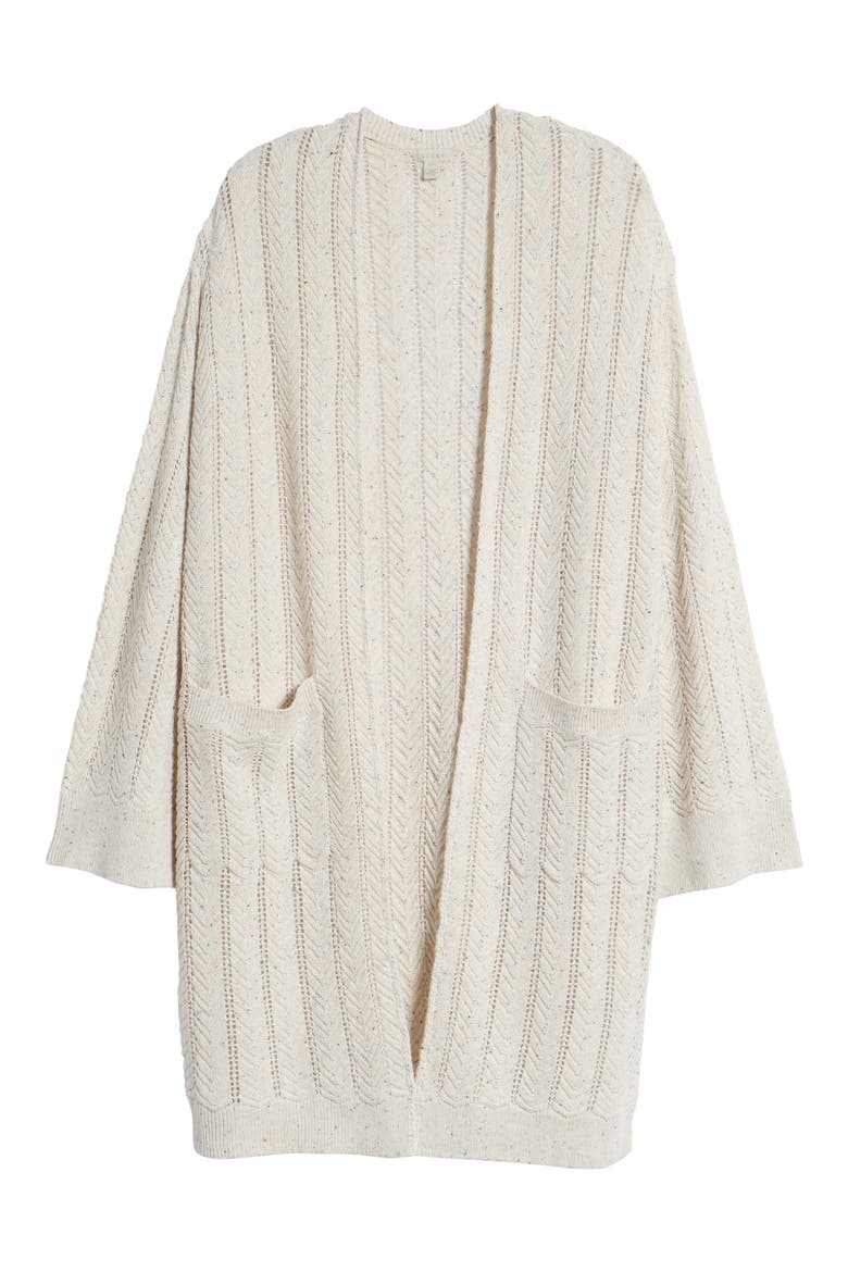 Long Tweed Herringbone Stitch Cardigan, Alternate, color, BEIGE OATMEAL HEATHER