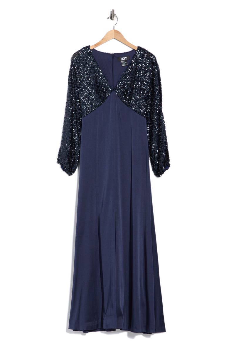 Sequin Long Sleeve Empire Waist Gown, Main, color, SPRING NAVY
