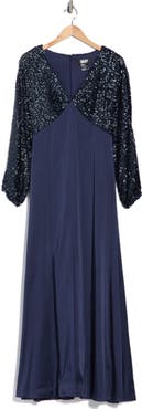 DKNY Sequin Long Sleeve Empire Waist Gown