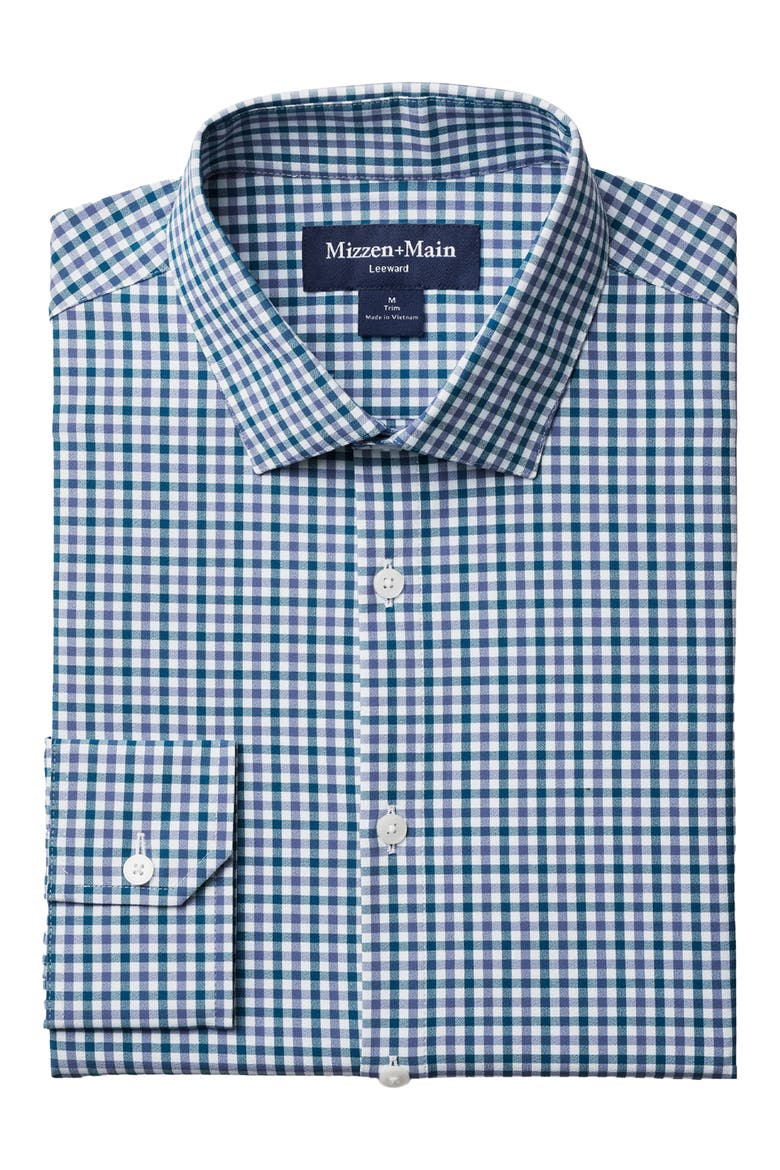 Leeward Trim Fit Performance Button-Up Shirt, Alternate, color, DARK TEAL HUDSON PLAID