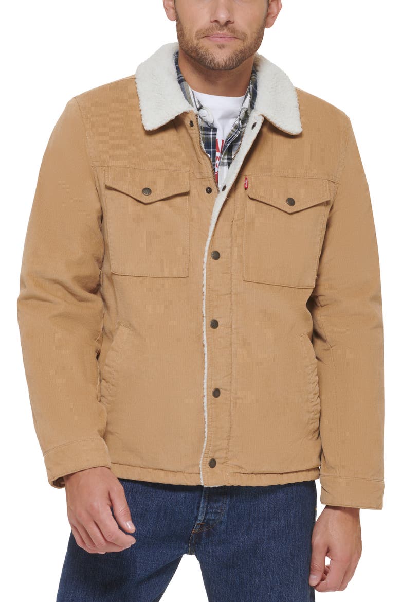 Corduroy Faux Shearling Lined Trucker Jacket, Main, color, TAN
