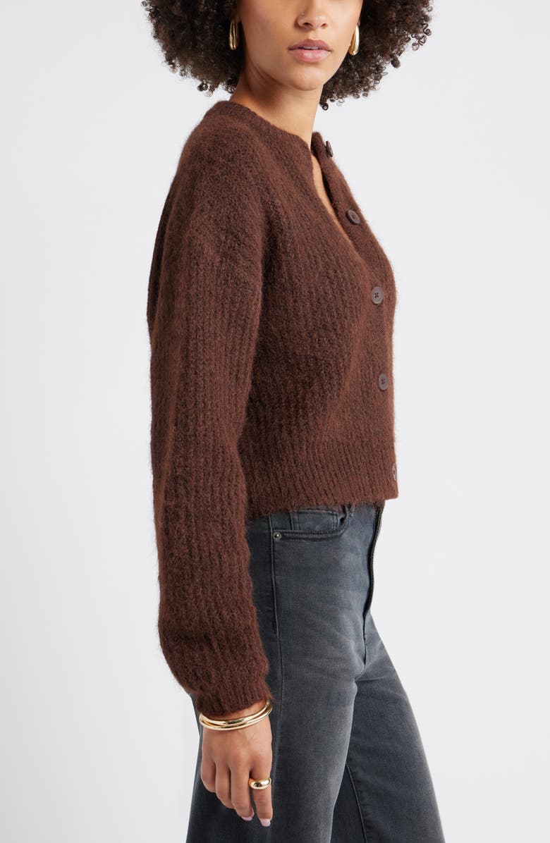 Open Edit Fuzzy Crewneck Cardigan, Alternate, color, Brown Seal