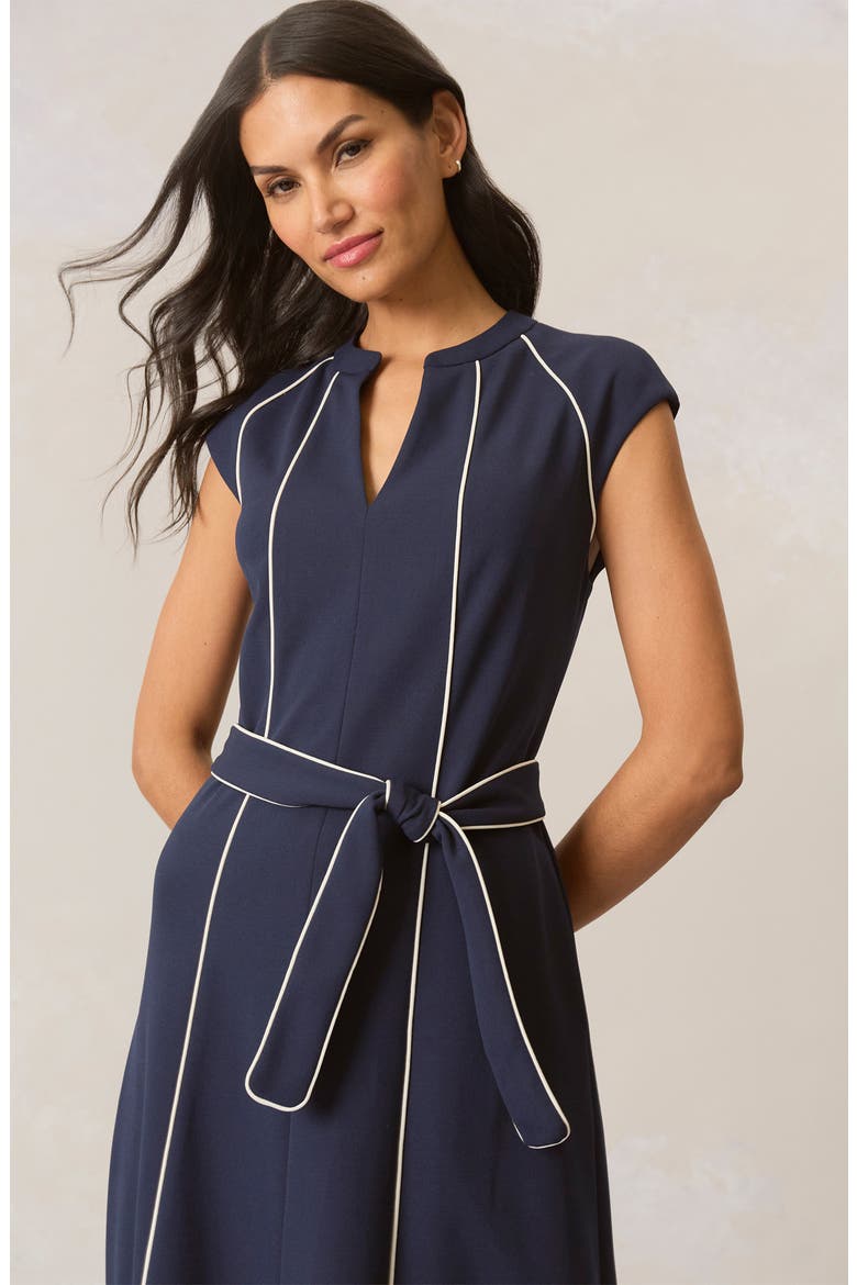 Contrast Piped Belted Midi Dress, Alternate, color, NAVY BLAZER