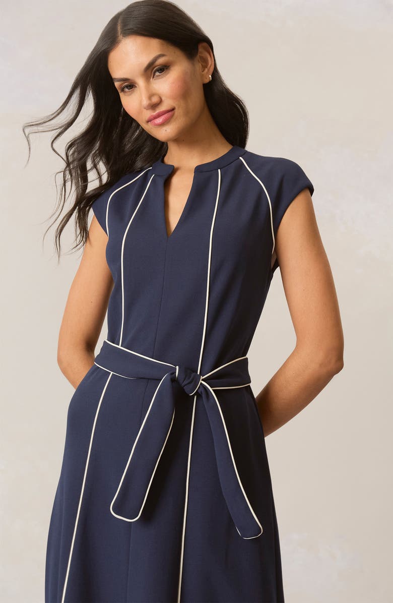 Maggy London Contrast Piped Belted Midi Dress, Alternate, color, Navy Blazer