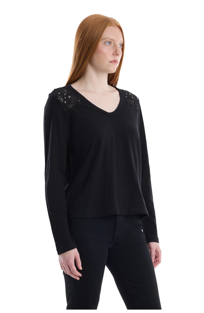 WILT Clothing V-Neck Long Sleeve Mixed Media Tee with Lace Inset, Alternate, color, Black