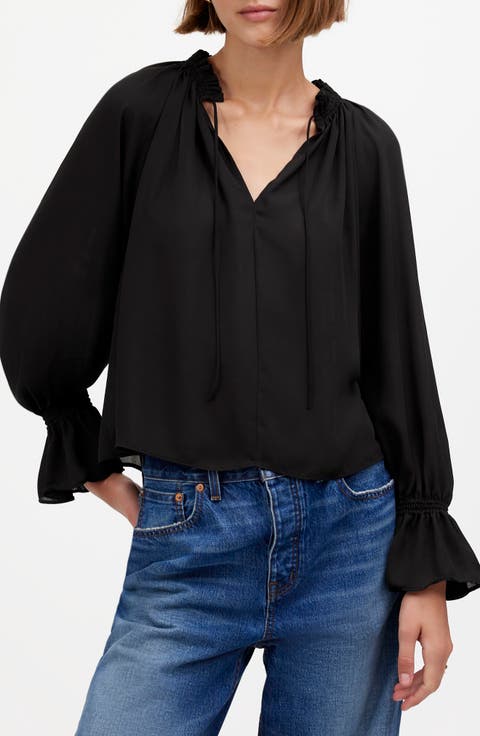 Long-Sleeve Tie-Neck Top