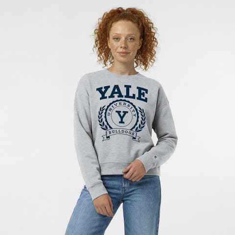 Women's Champion Heather Gray Yale Bulldogs Academic Crest Powerblend Crewneck Sweatshirt