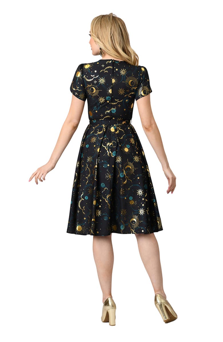 Unique Vintage Short Petal Sleeve Tie Neck Dahlia Swing Dress, Alternate, color, Black & Gold Galaxy