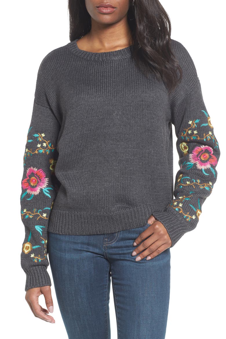 Floral Sleeve Sweater, Main, color, GREY