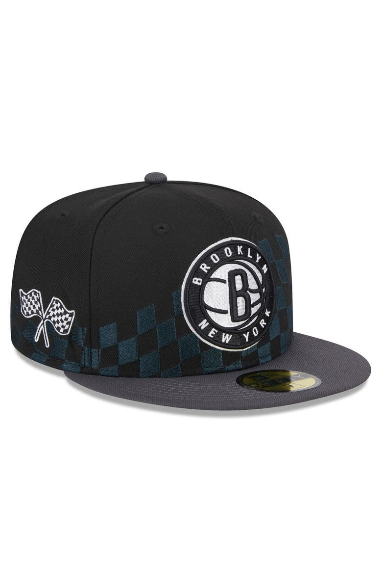 New Era Men's New Era Black Brooklyn Nets Rally Drive Checkerboard 59FIFTY Crown Fitted Hat, Main, color, Black