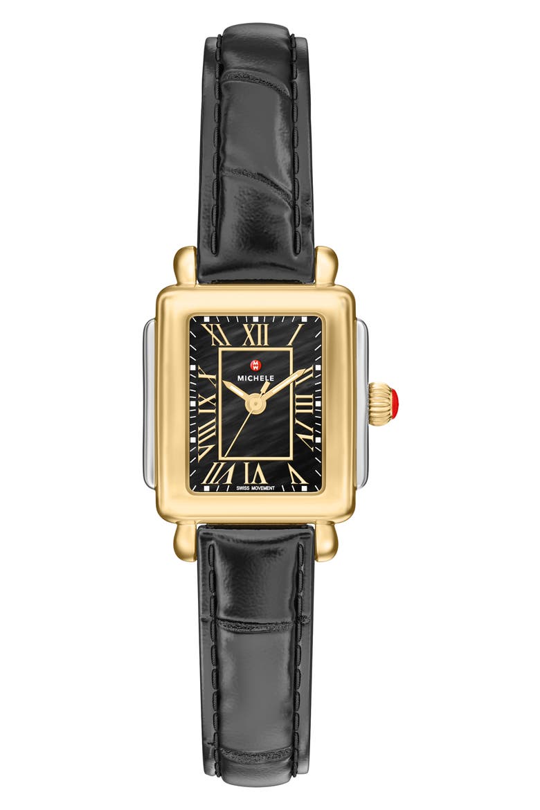 Deco Madison Mini Two-Tone Leather Strap Watch, Main, color, BLACK
