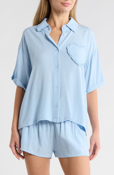Heart Patch Cabana Button-Up Shirt & Shorts Cover-Up Set