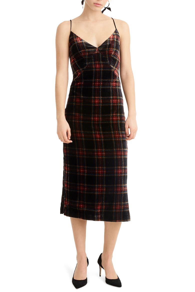 Spaghetti Strap Midi Dress in Velvet Stewart Tartan, Main, color, RED GREEN MULTI