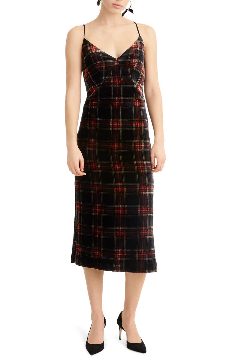 J.Crew Spaghetti Strap Midi Dress in Velvet Stewart Tartan, Main, color, 
