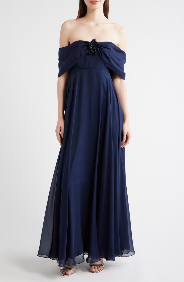 Sachin & Babi Rebecca Rosette Detail Off the Shoulder Silk Chiffon Gown, Main, color, Midnight