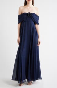 SACHIN BABI Rebecca Rosette Detail Off the Shoulder Silk Chiffon Gown