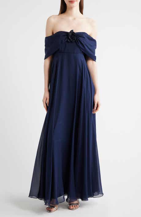 Rebecca Rosette Detail Off the Shoulder Silk Chiffon Gown