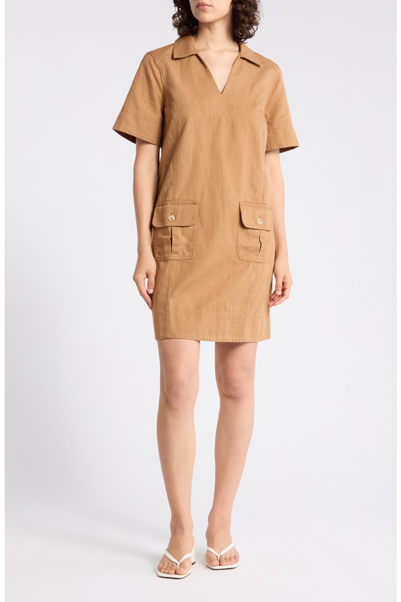Utility Twill Short Sleeve Cotton & Linen Shift Dress, Main, color, GOLDEN
