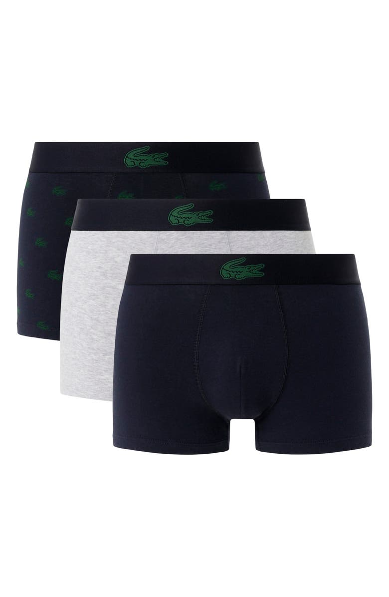 Lacoste Core Essentials Assorted 3-Pack Stretch Cotton Boxer Briefs, Alternate, color, I90 Abysm/ Green-Silver Chine