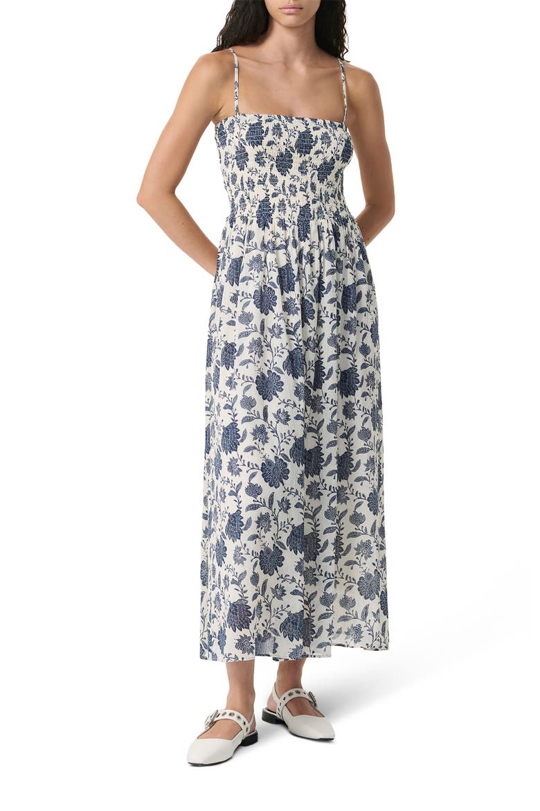 Hallie Smocked Bodice Cotton & Silk Maxi Sundress, Main, color, CREAM FLORA