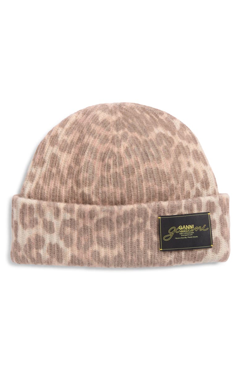 Ganni Leopard Wool & Recycled Wool Blend Beanie, Main, color, Leopard