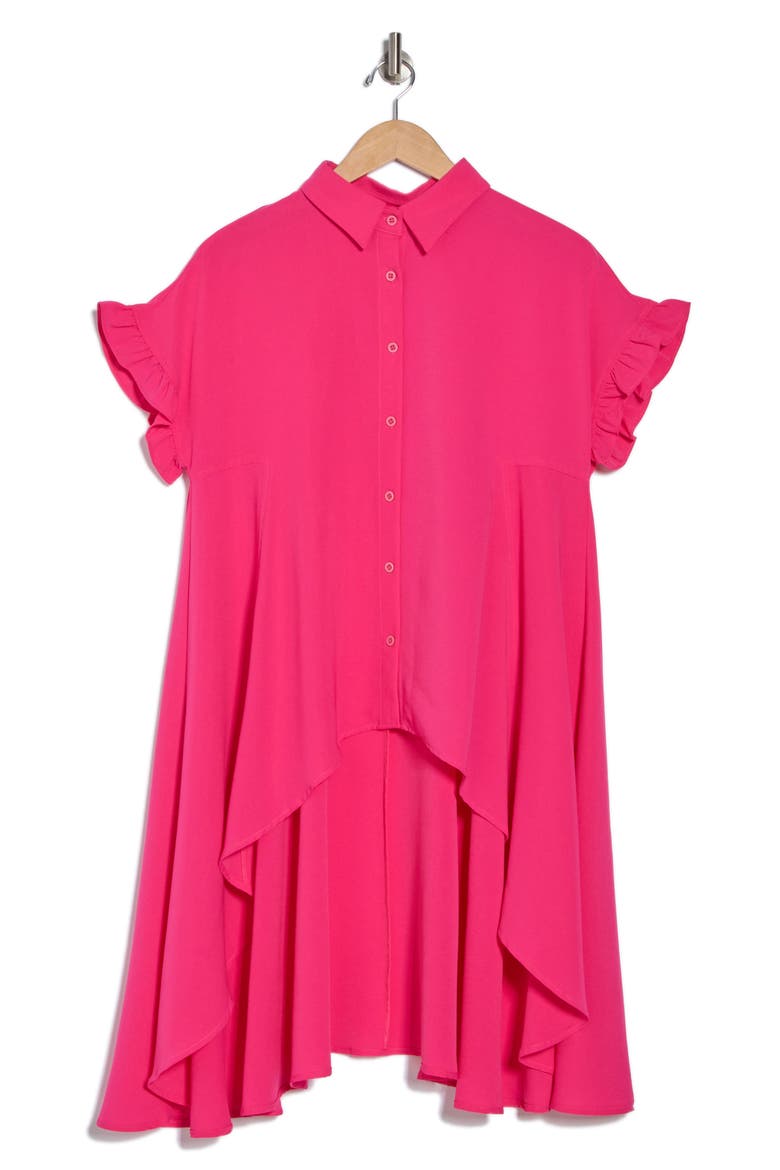 Ruffle High-Low Button-Up Shirt, Alternate, color, PINK