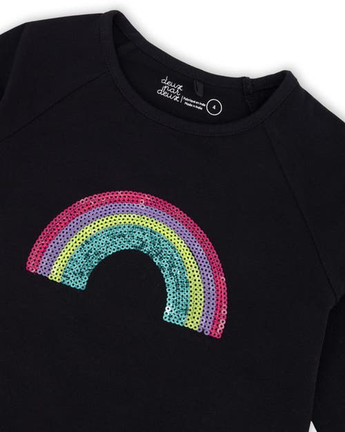 Deux Par Deux Organic Cotton Long Sleeve T-shirt With Sequin Rainbow In Black