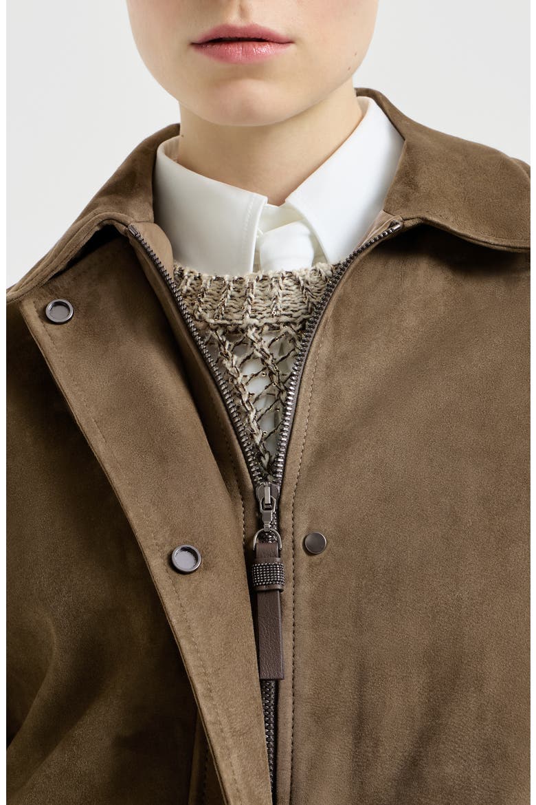 Couture suede outerwear jacket with shiny zipper pull, Alternate, color, Origano