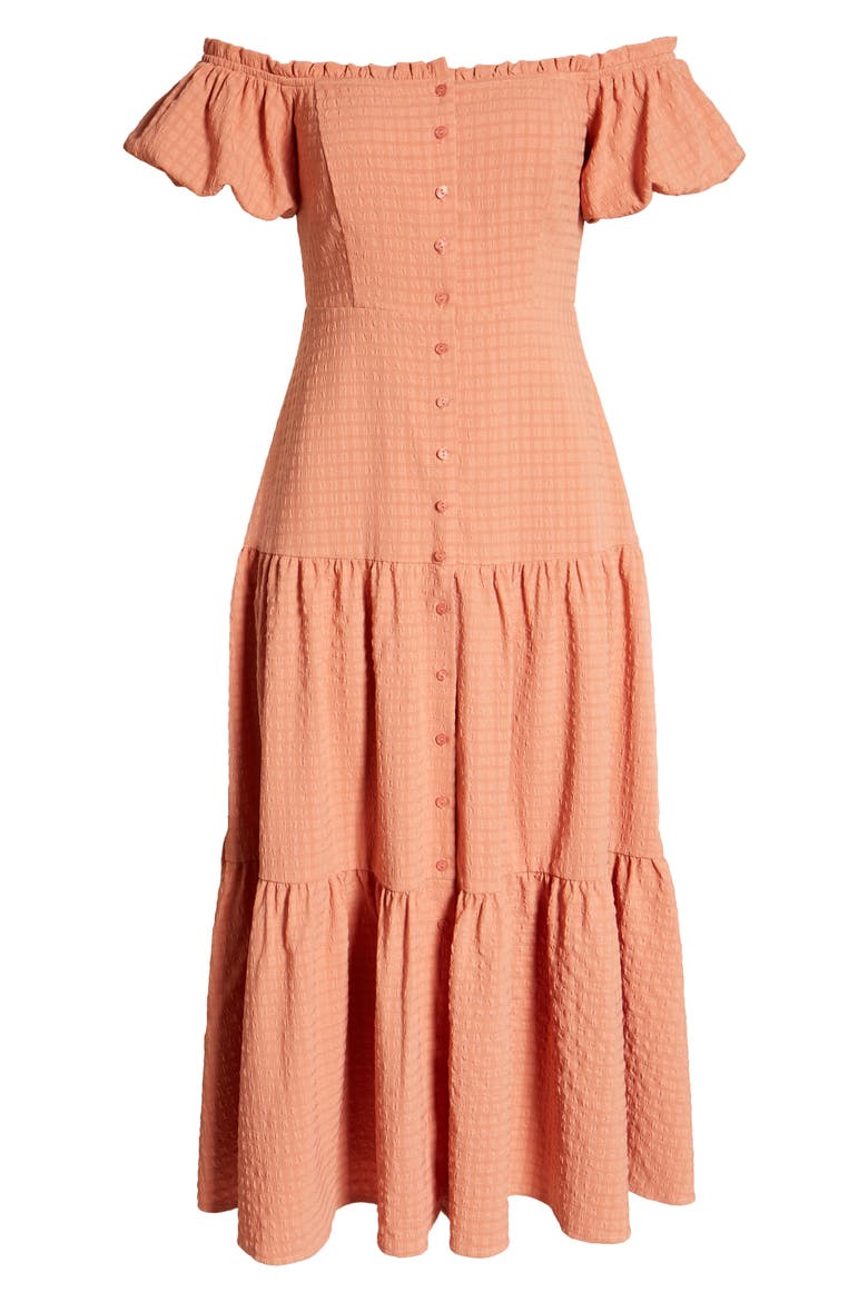 Off the Shoulder Tiered Midi Dress, Alternate, color, DUSTY CORAL