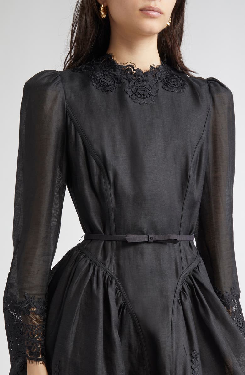 Zimmermann Hypnotic Lace Trim Long Sleeve Belted Linen & Silk Minidress, Alternate, color, Black