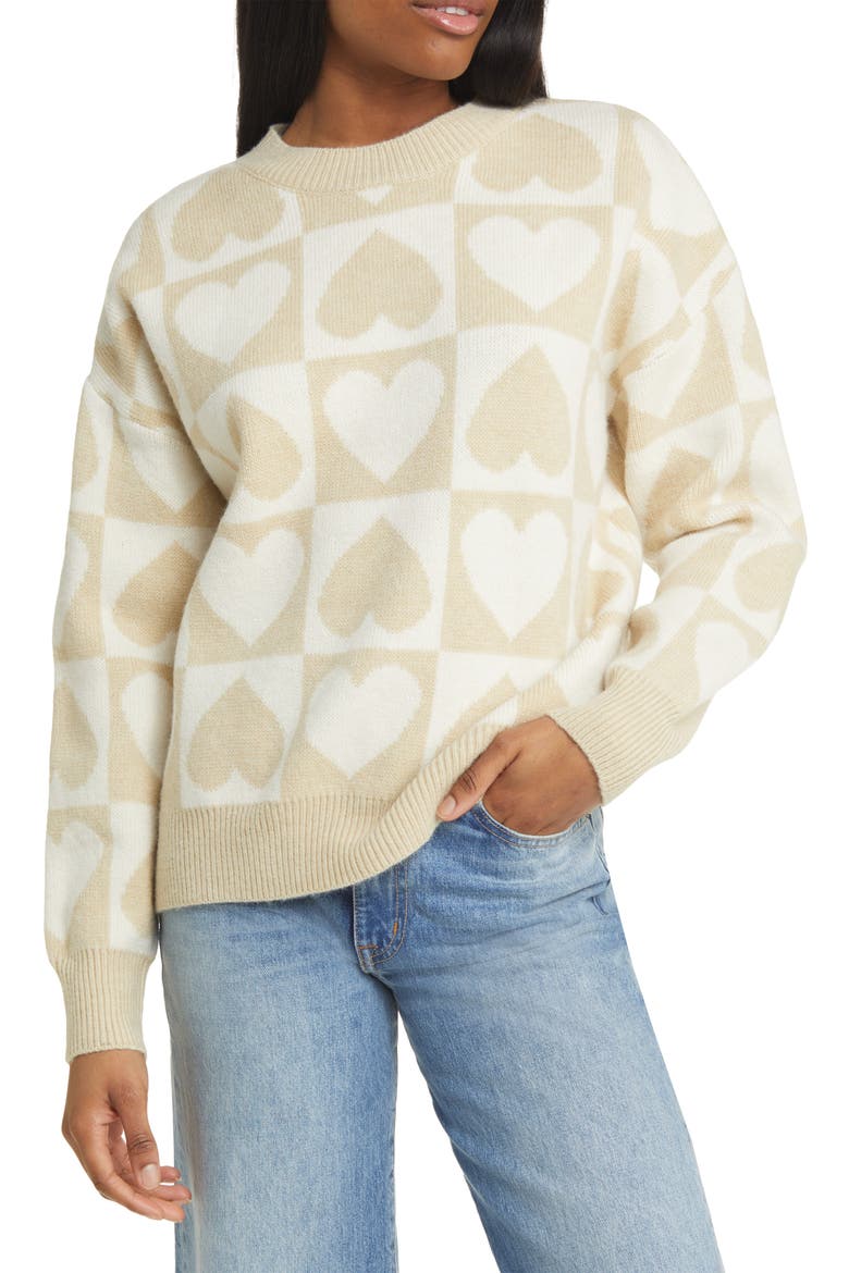 Heart Jacquard Sweater, Main, color, CREAM WHITE