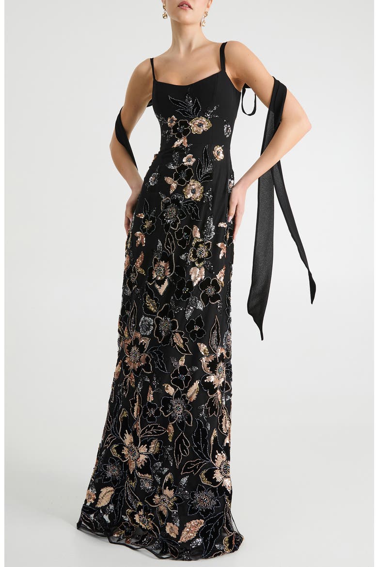 Dana Tie Strap Sequin & Bead Floral Gown, Alternate, color, BLACK/ GOLD