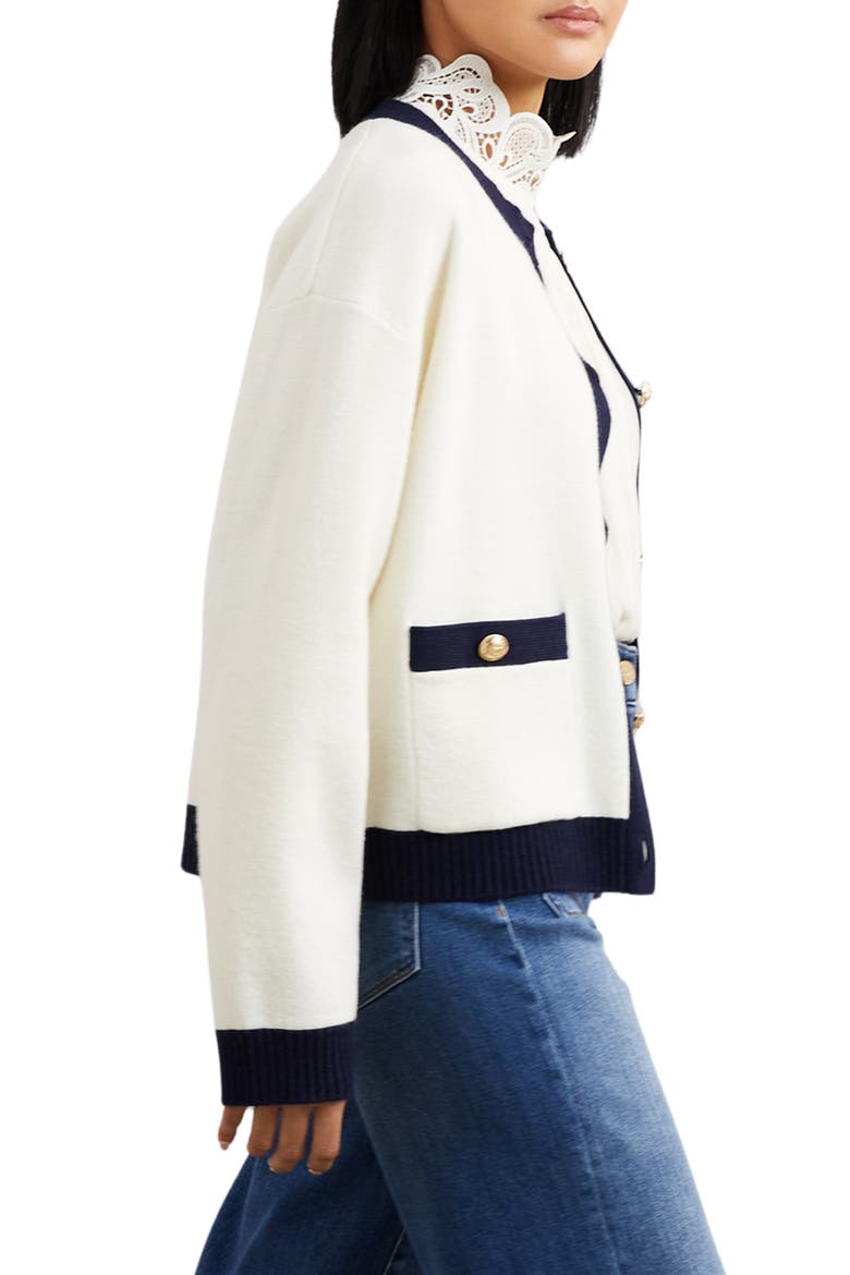 Olive Crewneck Wool & Cashmere Cardigan, Alternate, color, CREAM/ NAVY