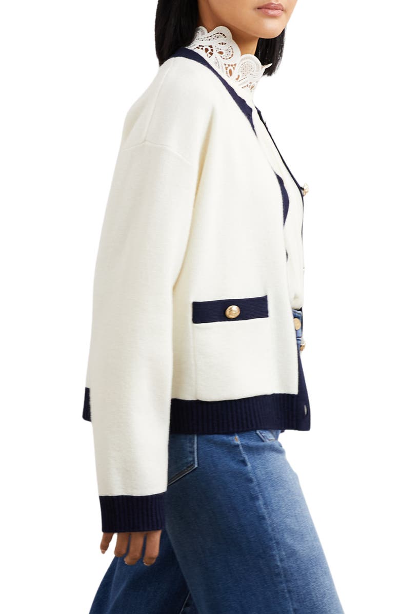 Reiss Olive Crewneck Wool & Cashmere Cardigan, Alternate, color, Cream/ Navy