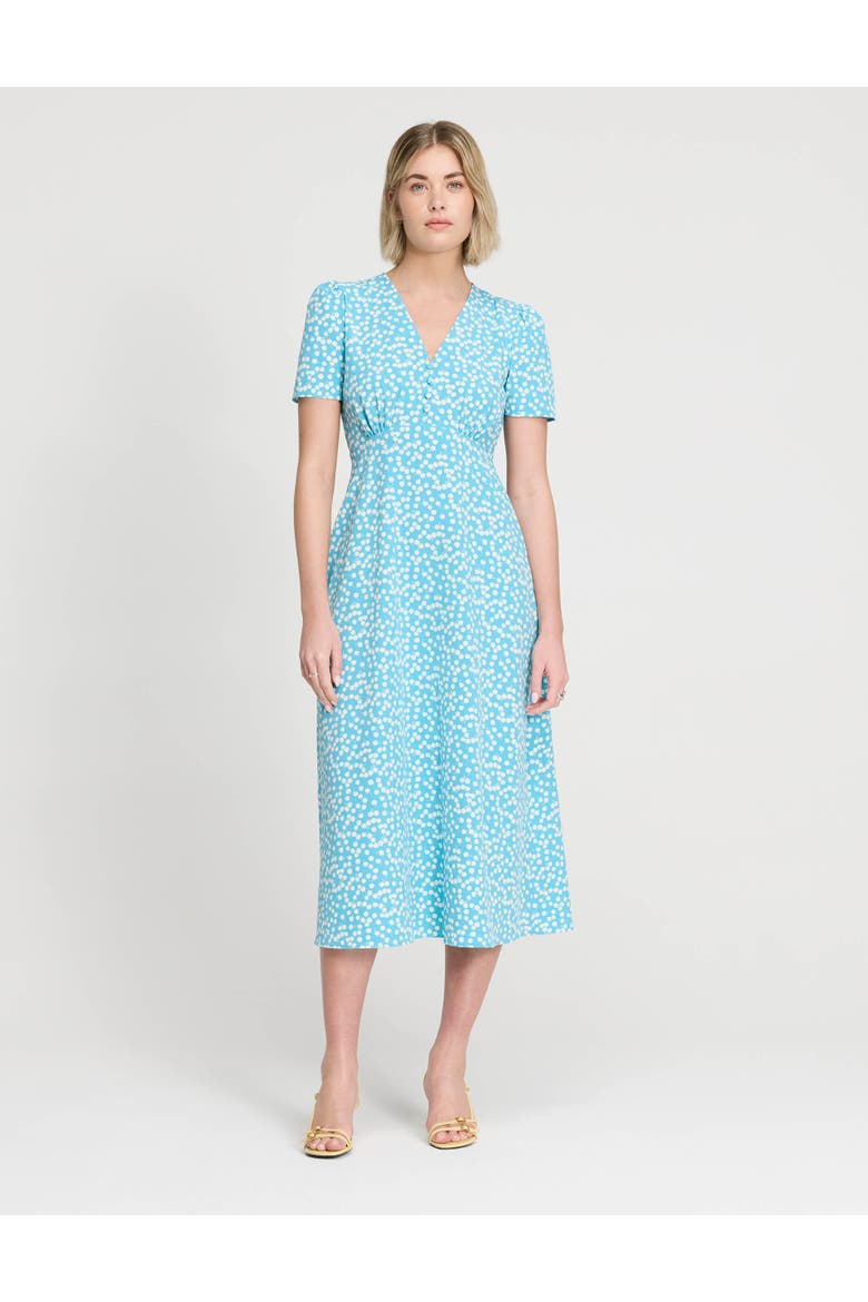 Nieve V-Neck Short Sleeve Midi Dress, Main, color, Blue Cherry Spot