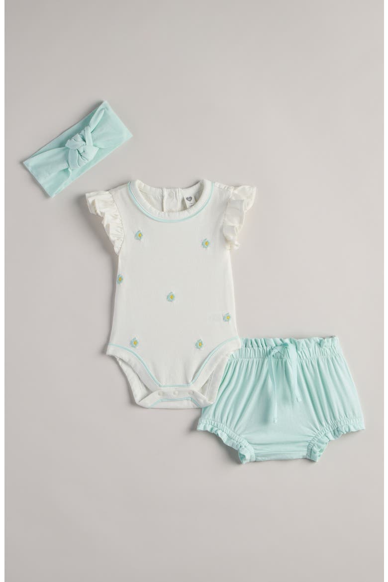Bodysuit, Bloomers & Headband Set, Main, color, IVORY FLOWERS- TEAL