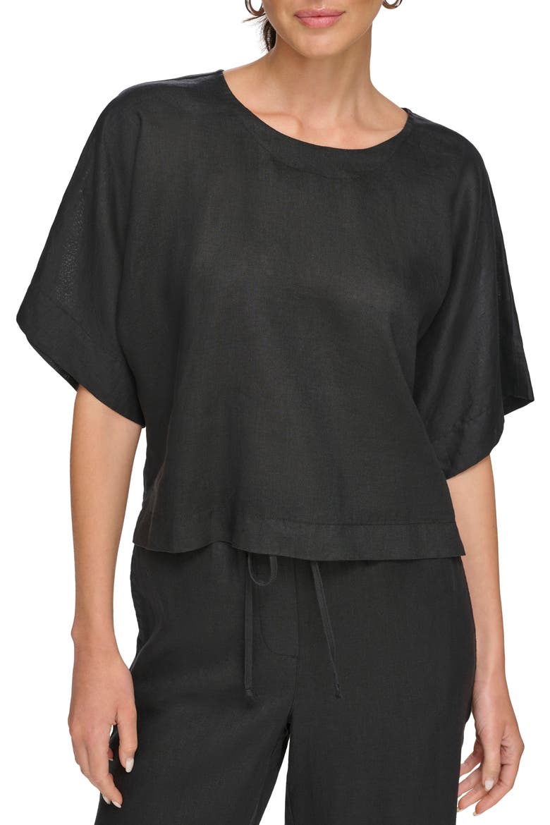 Drop Shoulder Boxy Linen Top, Main, color, BLACK