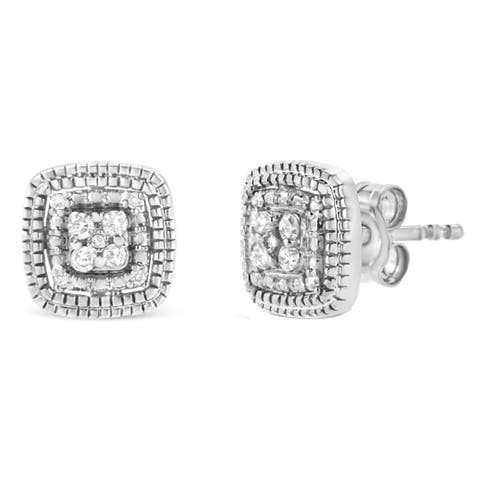 Silver 1/10 Cttw Diamond Square Shape with Milgrain Halo Stud Earrings
