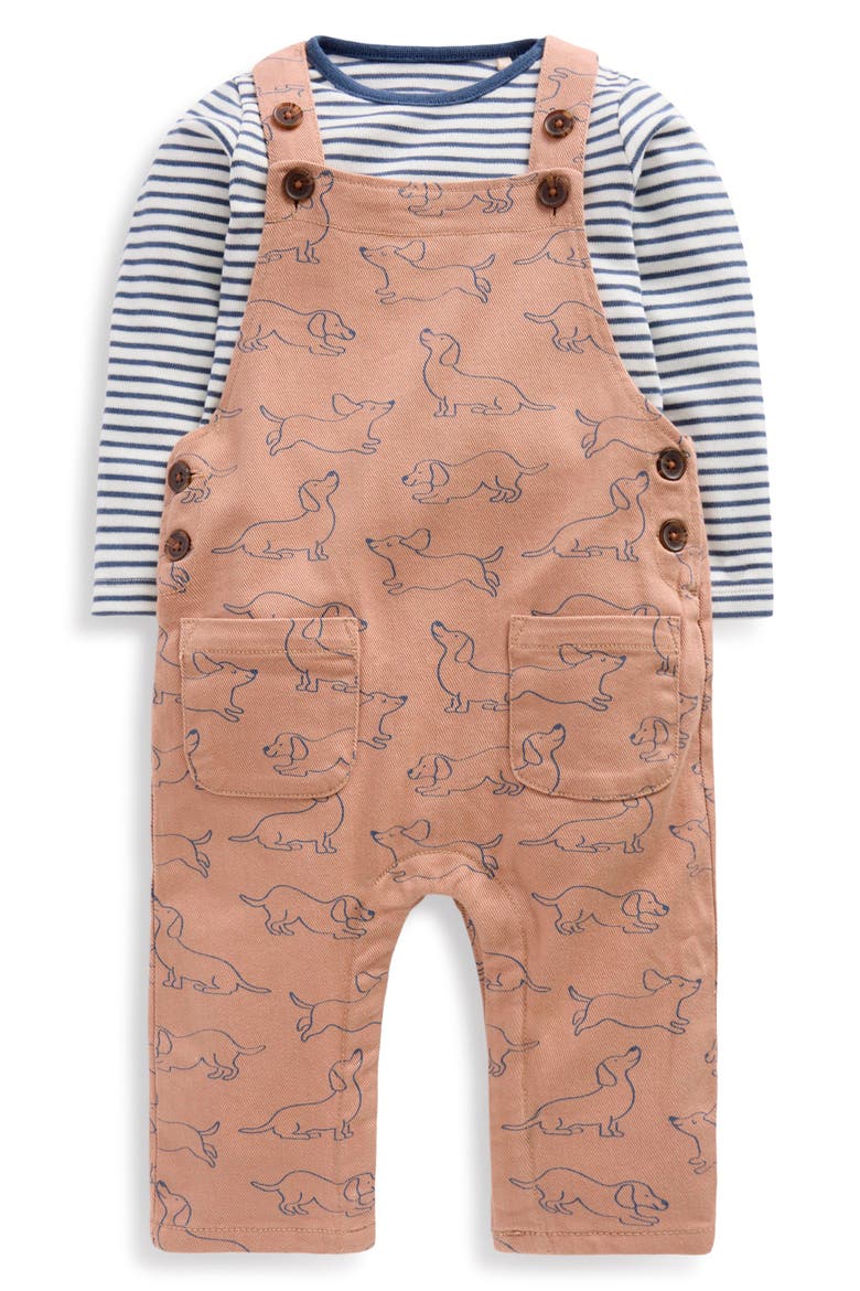 Long Sleeve Cotton T-Shirt & Print Overalls Set, Main, color, BROWN PUPPY