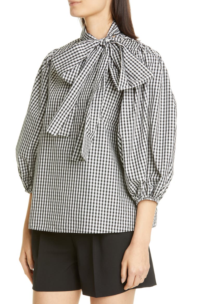 Tie Neck Puff Sleeve Gingham Blouse, Alternate, color, NERO