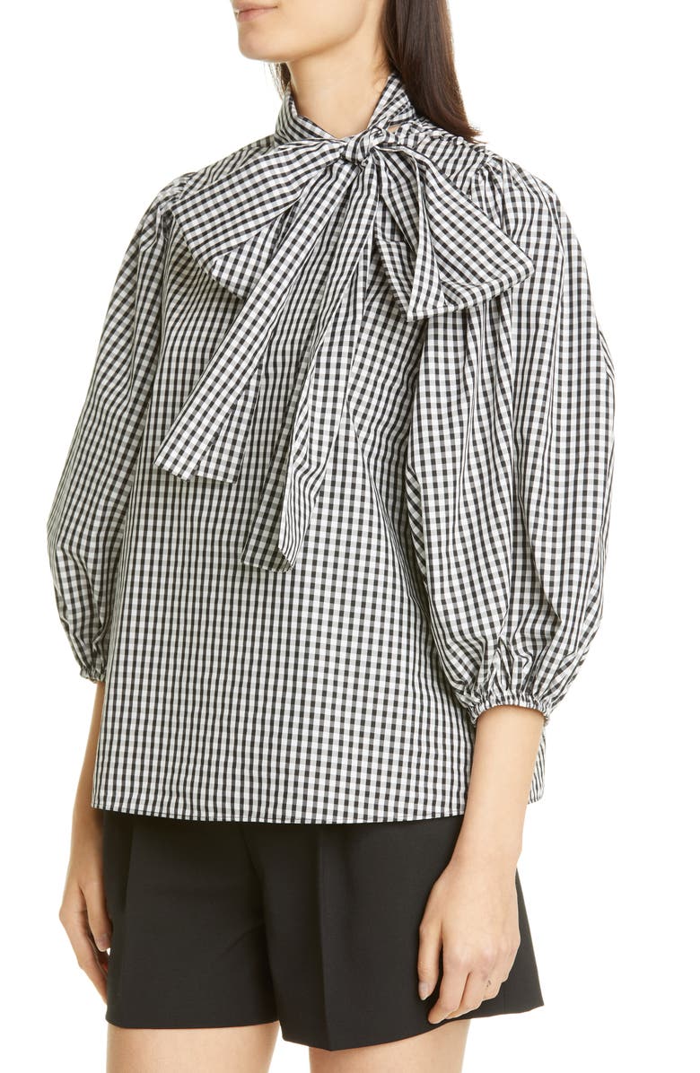 RED Valentino Tie Neck Puff Sleeve Gingham Blouse, Alternate, color,