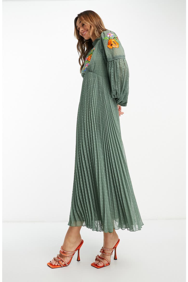 Floral Embroidered Long Sleeve Chiffon Midi Dress, Alternate, color, KHAKI
