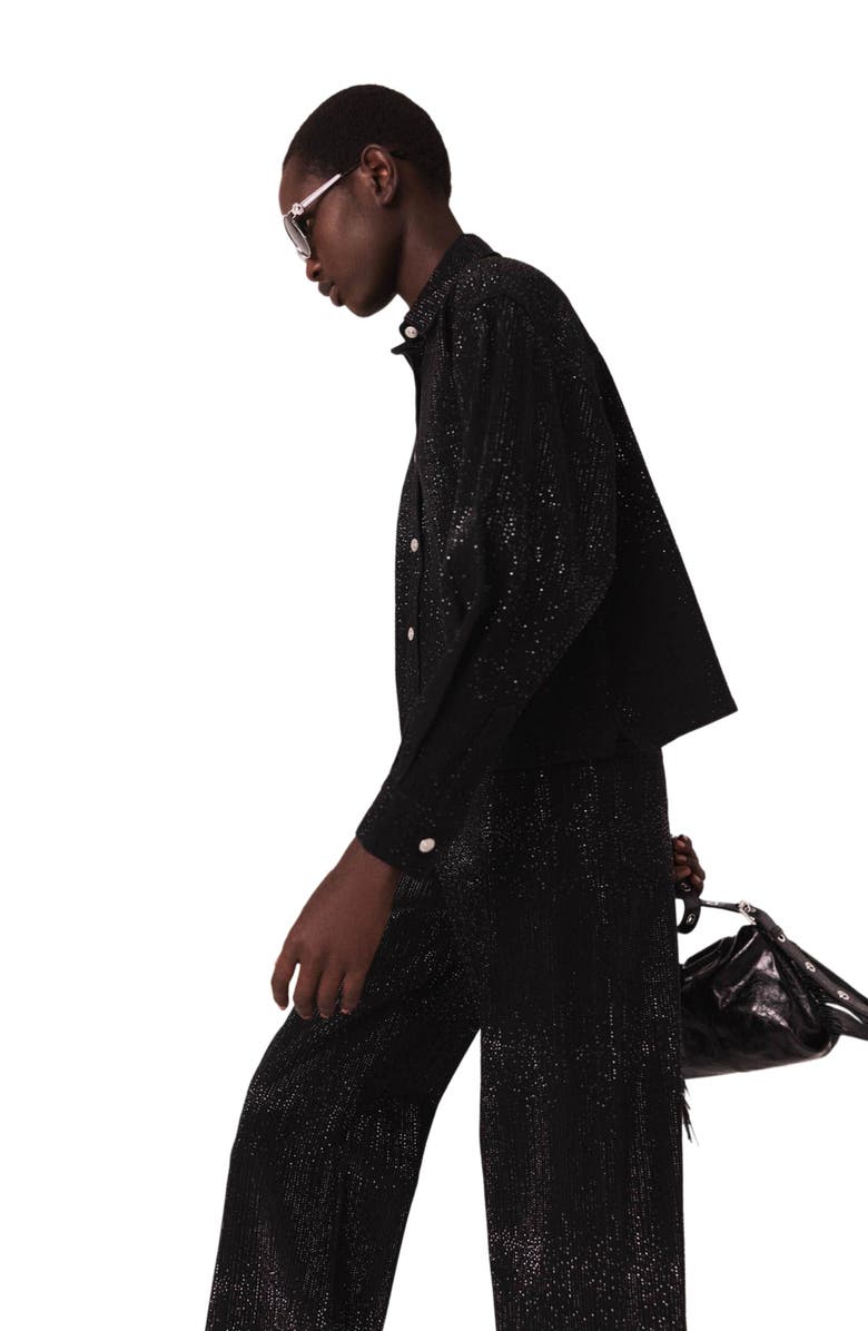 maje Rhinestone denim shirt, Alternate, color, Black