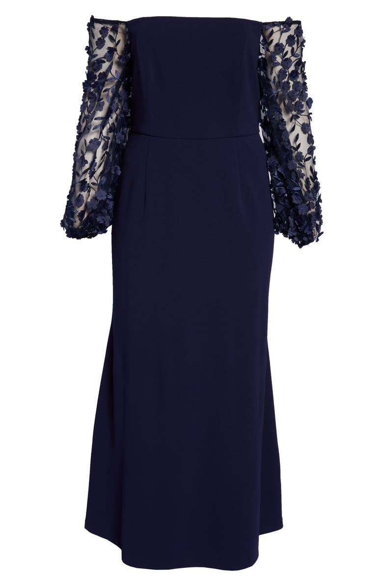 Eliza J Off the Shoulder 3D Floral Sleeve Scuba Crepe Evening Dress, Alternate, color, 