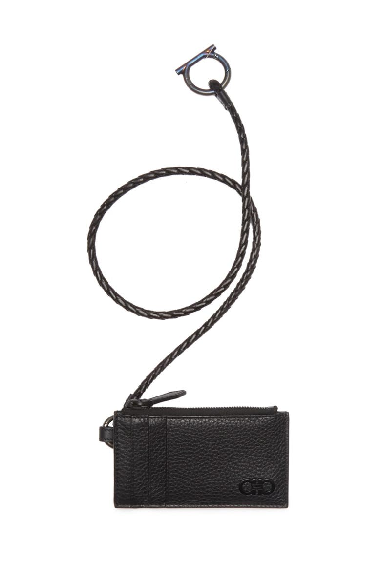 FERRAGAMO Leashed Leather Gancini Card Case, Main, color,