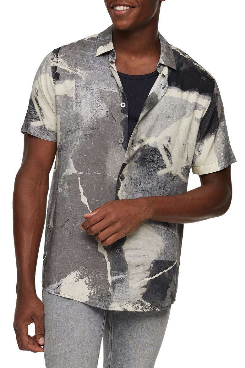 Concrete Print Short Sleeve Button-Up Shirt, Main, color, GREY