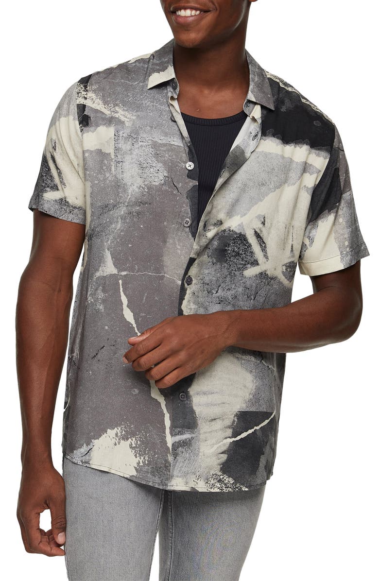 Topman Concrete Print Short Sleeve Button-Up Shirt, Main, color, 